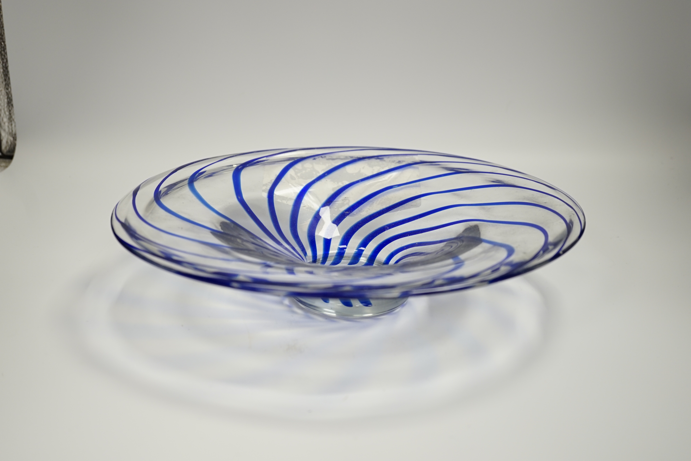 A Murano blue striped glass dish attributed to Carlo Moretti, 30cm diameter